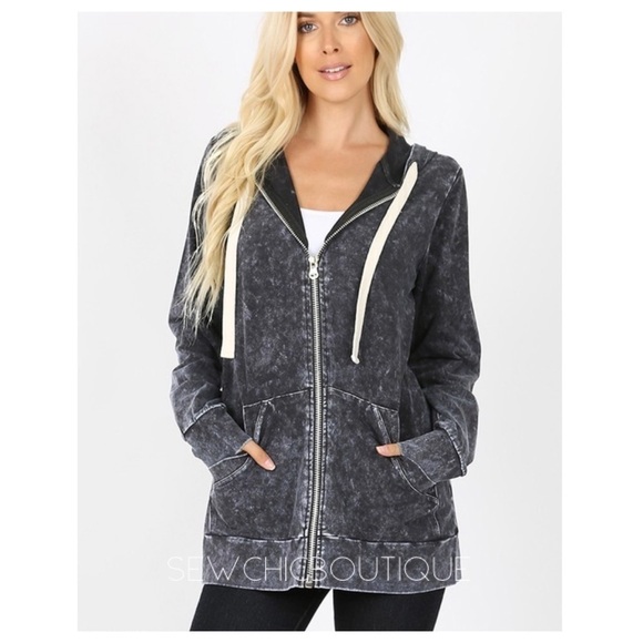 Mineral Wash Zipper Hoodie Jacket Blue Gray - Picture 1 of 4